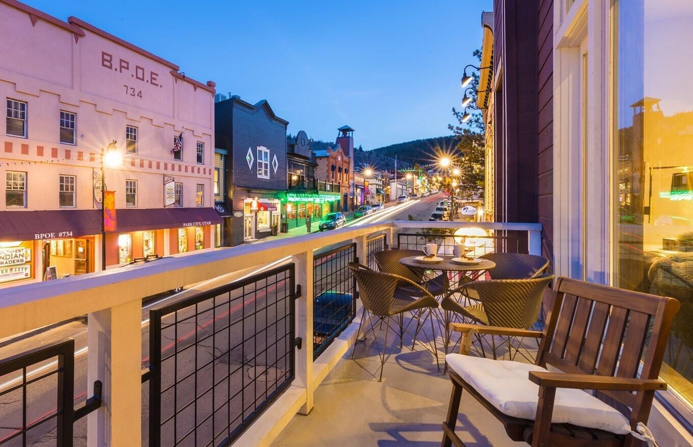 Historic Main Street Park City viewed from the balcony at Summit on Main penthouse at twilight