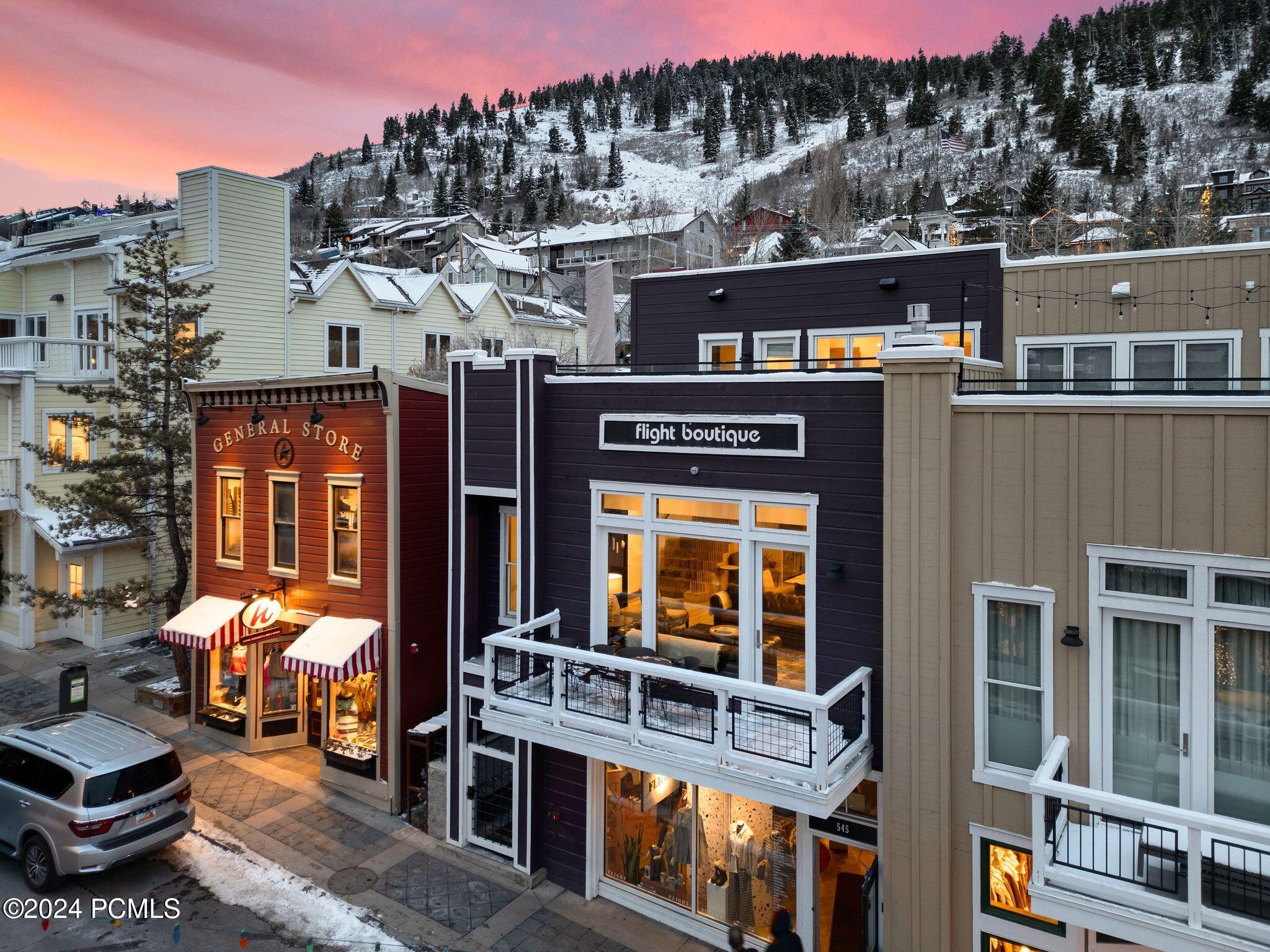 Historic Main Street Park City in winter with mountain backdrop